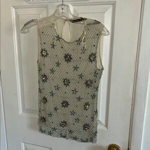 Zara Cream Mesh Camisole with Green Floral Embroidery